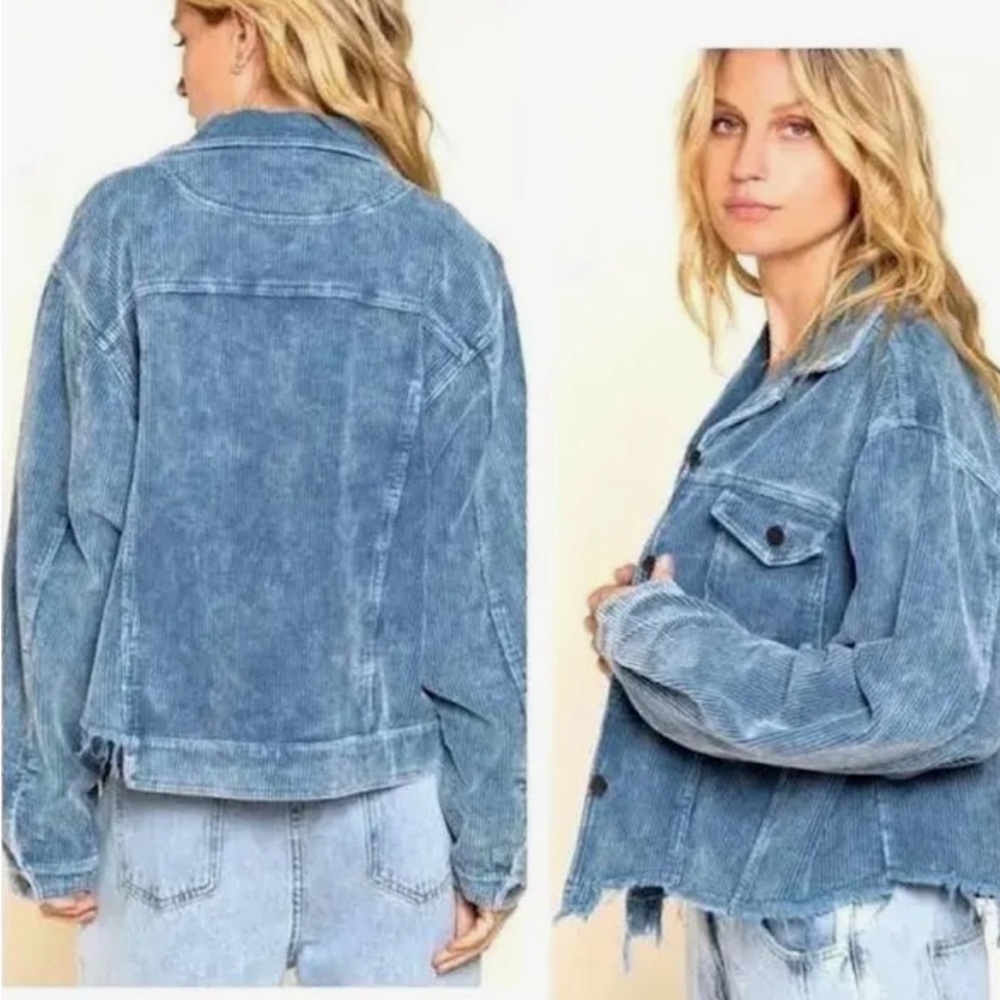POL light blue corduroy cropped jacket raw front edge,size S